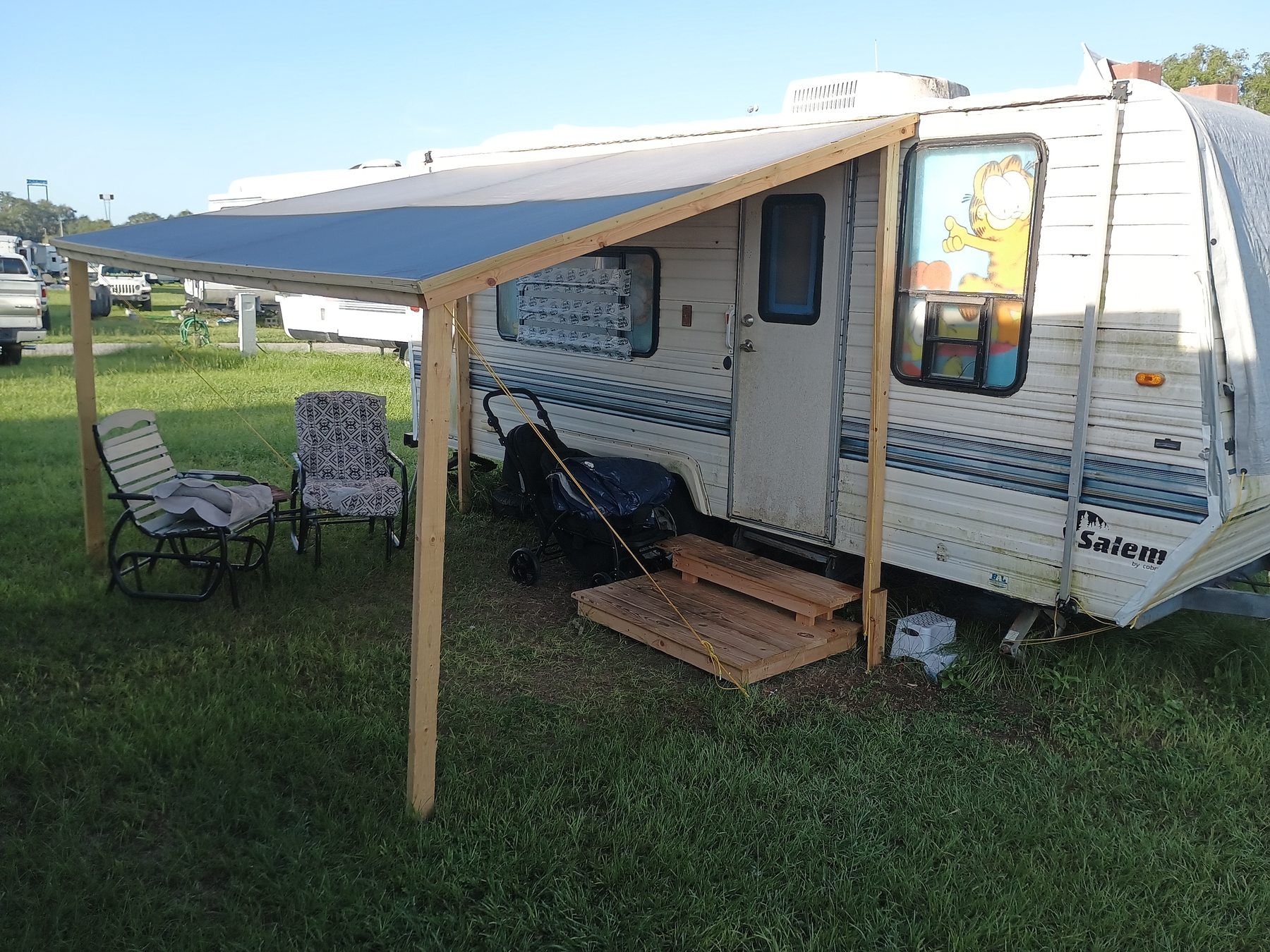 Handcrafted wooden RV awning installed at Wildwood RV Village