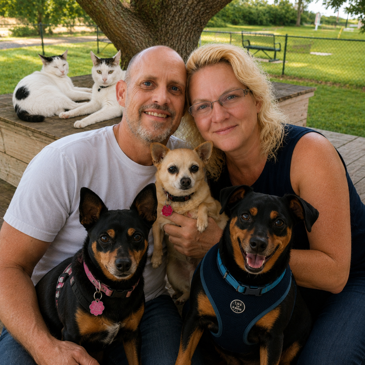 Ted and his wife with their dogs and cats at home